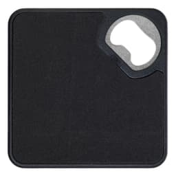 A drink bottle opener and coaster combination featuring a sleek, black design with a circular opening for bottle caps.