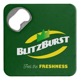 A green bottle opener coaster featuring a metal opener and a logo design.
