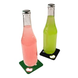 A drink bottle opener and coaster set in black, featuring two glass bottles with pink and green beverages.