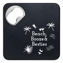 A drink bottle opener and coaster in black with a silver opener, featuring tropical-themed graphics.