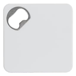 A drink bottle opener and coaster combination featuring a sleek white square design with a metal opening cutout.