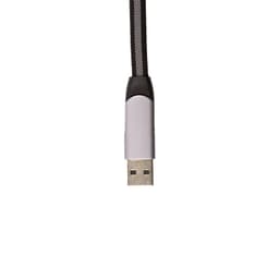 A charging cable with a gray USB connector and a braided black exterior.