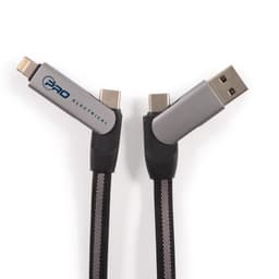 A charging cable with a braided design, featuring grey connectors and a branding logo.