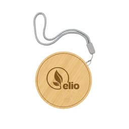 A round, bamboo wireless charger with a grey strap and a logo. The design features a natural wood finish.