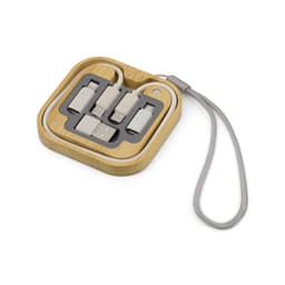 A wireless charger set in a square bamboo casing, featuring multiple charging cables and a grey interior.