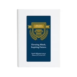 A white sticky note pad featuring a blue and gold emblem, with a logo and text on the cover.