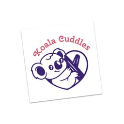 A square temporary tattoo featuring a cartoon koala holding a pencil inside a heart, with the text "Koala Cuddles".