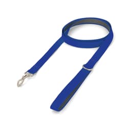 A blue printed dog lead with a metal clip and a contrasting inner lining. Features a logo on the handle.