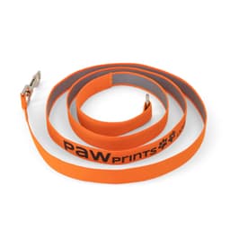An orange printed dog lead with a silver clip and a logo along one side.