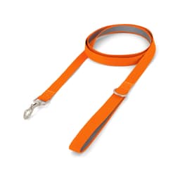 An orange printed dog lead with a silver clip and grey lining, featuring a soft grip handle.