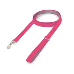 A printed dog lead in vibrant pink with a silver clip and handle, featuring a sleek design and logo.