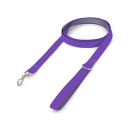 A purple dog lead with a silver clip and a contrasting inner lining. It features a simple design and includes a logo.