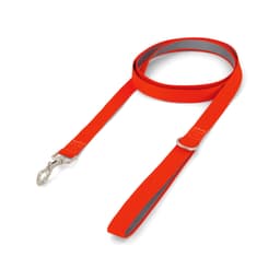 An orange printed dog lead featuring a silver clip and grey detailing, designed for pet accessories.