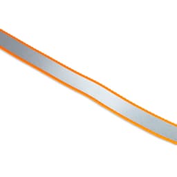 A printed dog lead featuring a silver centre with orange edges, showcasing a sleek design and a branding logo.