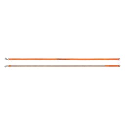 An orange printed dog lead with metal clips at each end, featuring a logo or branding.