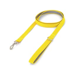 A yellow dog lead with a reflective strip and a metal clasp, designed for pet walking.