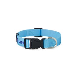 A light blue woven dog collar with a plastic buckle and metal D-ring. It features a logo on the strap.