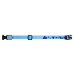 A woven dog collar in light blue with black buckles and a logo, featuring the text "RUFF N' FLUFF".