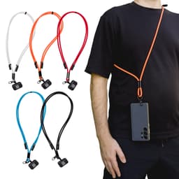 A collection of colorful phone lanyards in orange, red, blue, black, and clear, displayed with a phone attached.