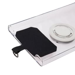 A clear phone lanyard with a black fabric loop, featuring a circular magnetic attachment.