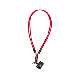 A red phone lanyard designed for convenience, featuring a durable neck strap and a clip for attaching a smartphone.