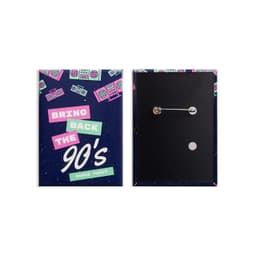 A rectangular badge featuring a navy background with colourful graphics and a metal pin on the back.