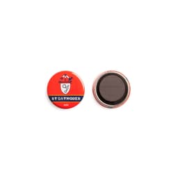A red 38mm round magnet featuring a logo on one side and a black magnetic surface on the other.