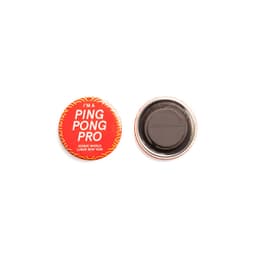 A round red magnet featuring a logo, with a flat back for easy attachment.