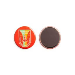 A 57mm round magnet in vibrant red with a logo on one side and a smooth black surface on the reverse.