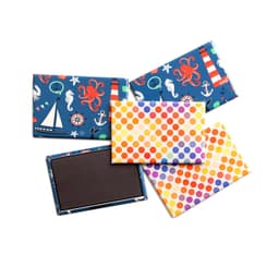 A group of custom printed rectangular magnets in various vibrant patterns and colours, including dots and nautical designs.