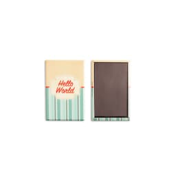 A rectangular magnet with a cream and green striped design, featuring the words "Hello World" in orange.