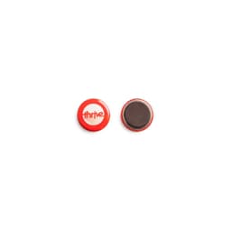 A 25mm round magnet with a glossy red exterior and a black magnetic backing, featuring a logo on one side.