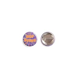 A round badge featuring a vibrant purple background with an attached metallic pin on the back.
