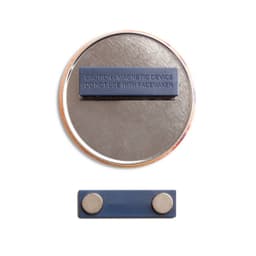 A round, silver magnet fastener badge with a dark blue backing and a small rectangular magnet strip.