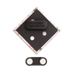 A diamond-shaped magnet fastener badge with a floral border and a black magnetic backing.