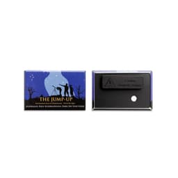A rectangular magnet fastener badge featuring a blue and black design with a logo on one side and a magnetic device on the reverse.