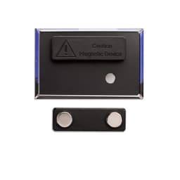 A rectangular magnet fastener badge with a caution label, featuring a silver edge and black backing.