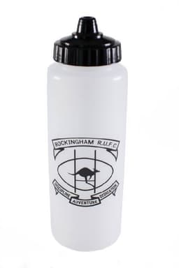 A drink bottle in white with a black lid, featuring a logo and design.