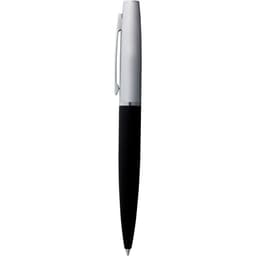 A metal ballpoint pen with a silver barrel and a black grip. The pen features a logo on the body.