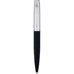 A metal ballpoint pen with a silver finish and a black grip, featuring a logo on the body.