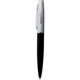 A sleek metal ballpoint pen in white and black, featuring a logo on the barrel.