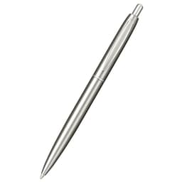 A recycled stainless steel ballpoint pen with a sleek silver finish and a branding logo.