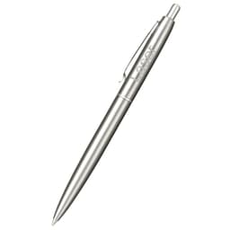 A recycled stainless steel ballpoint pen with a silver finish and a clip, featuring a logo.
