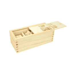 A wooden puzzle set in a light wood box with compartments, featuring a sliding lid and a logo.