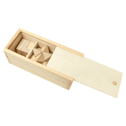 A wooden box containing a 3-piece brain teaser set with various geometric shapes. The box features a sliding lid.