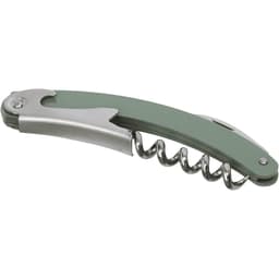 A green waitress knife with a stainless steel corkscrew and a lever for opening bottles. It has a sleek design and a brand logo.