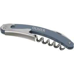 A grey and silver waitress knife featuring a corkscrew and a knife blade, with a logo on the handle.