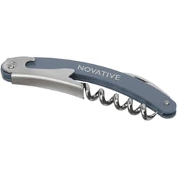 A blue waitress knife featuring a silver corkscrew and a clip, with a logo on one side.