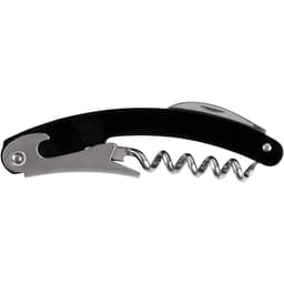 A black and silver waitress knife with a corkscrew, bottle opener, and a small blade. It features a logo.