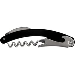 A black and silver waitress knife with a corkscrew and bottle opener, featuring a sleek, curved design.